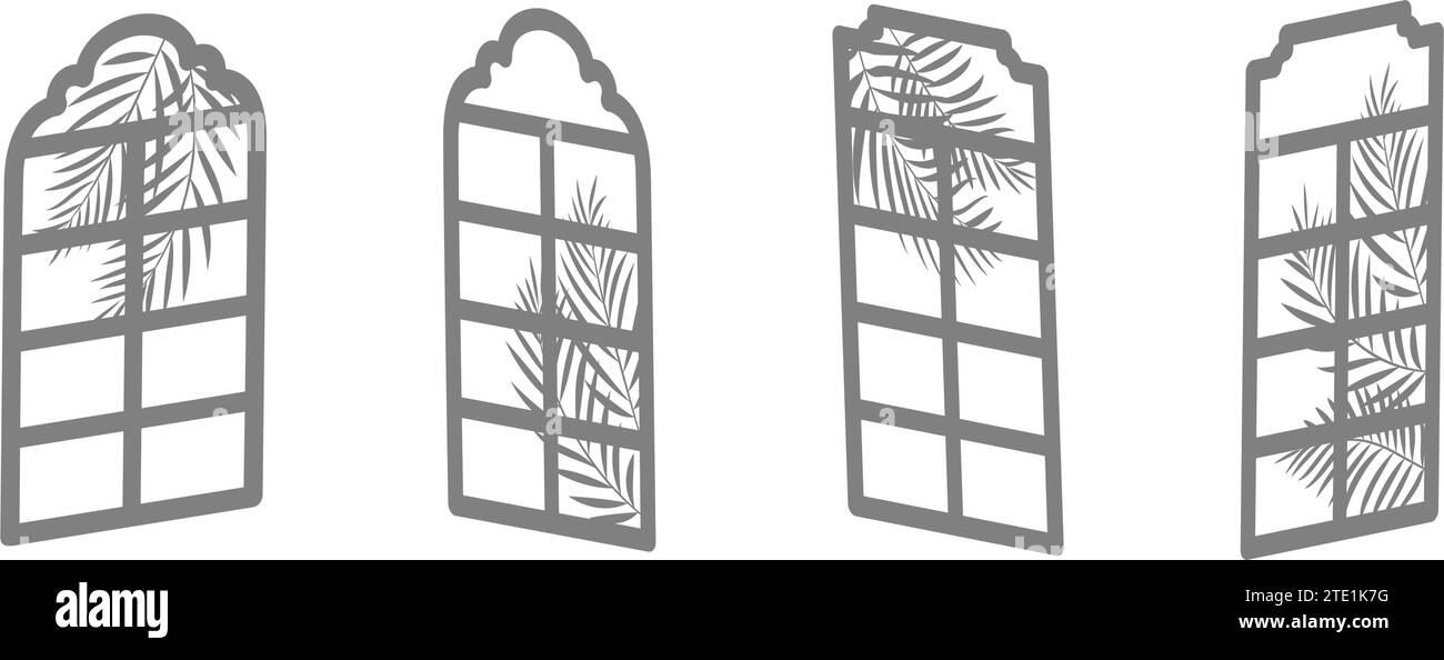 Verschiedene Silhouettenformen eines Fensterrahmens mit Palmblättern. Isolierter islamischer Fensterschatten. Vektorabbildung. Stock Vektor