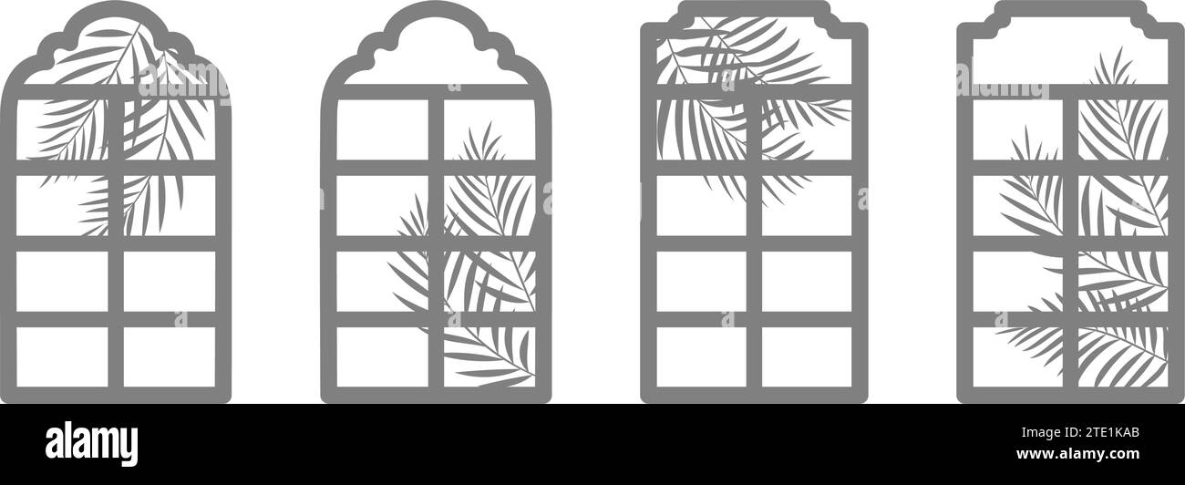 Graue Silhouette eines islamischen Fensters mit Palmblättern. Fensterrahmen in flachem minimalem Stil. Isolierter Schatten von Fenster und Blättern. Vektorabbildung Stock Vektor