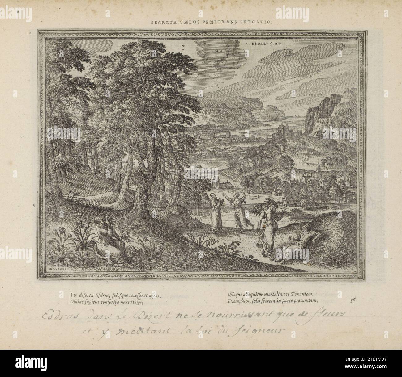 Ezra isst von den Blumen auf dem Feld, 1613 hügelige Landschaft mit Ezra auf der linken Seite, die von den Blumen auf dem Feld isst. Am Ufer steht Ezra bei einer trauernden Frau mit zerrissener Kleidung. Dazu noch Ezra, Lügen und der Engel uriel. Mit einem lateinischen Motto über der Aufführung und einer vierzeiligen Unterschrift unter dem Druck. Der Ausdruck ist Teil eines Albums. Druckerei: Antwerppublisher: Amsterdam Papier Buchdruck / Ätzen Hügellandschaft mit Ezra auf der linken Seite, die von den Blumen auf dem Feld isst. Am Ufer steht Ezra bei einer trauernden Frau mit zerrissener Kleidung. In der Werbung Stockfoto