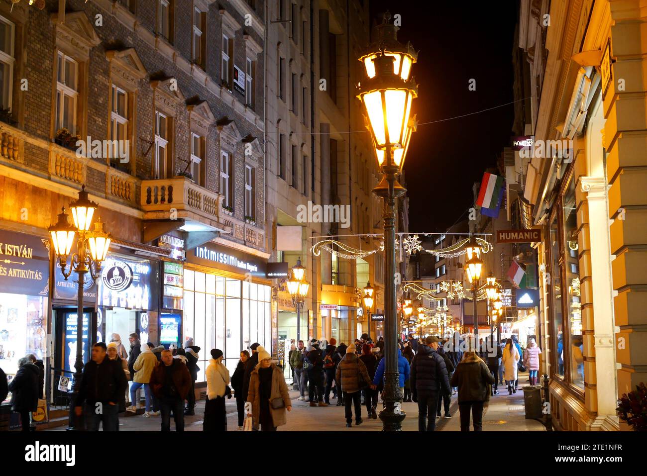 Käufer und Besucher während der Weihnachtszeit, Vaci utca, Budapest, Ungarn Stockfoto