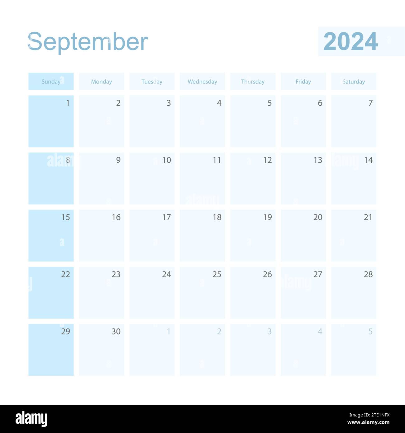 2024. September Wandplaner in blauer Farbe, Woche beginnt am Sonntag. Kalender für September 2024 mit Tag des vorherigen und nächsten Monats. Stock Vektor