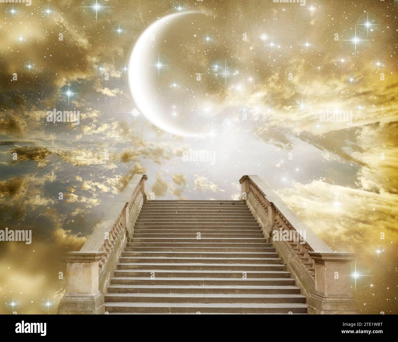 mystische göttliche Treppe zum Himmel, mit Sternen und Mond, Jenseits, Himmelskonzept Stockfoto