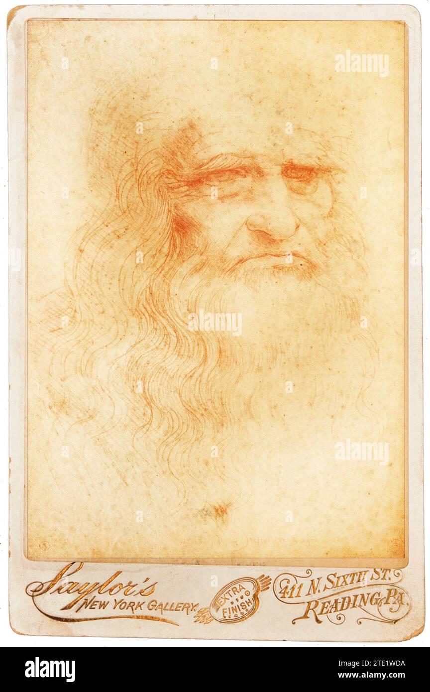 Leonardo da Vinci-Porträt auf antikem Carte de Visite Stockfoto