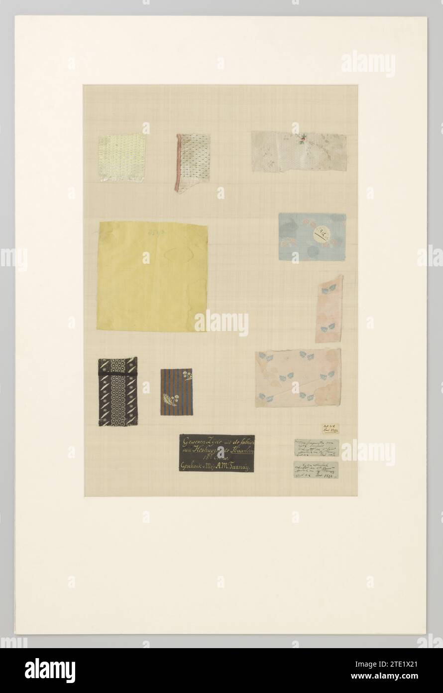Fragment Seidentuch., Seidengewebe Heshuyzen, 1750 - 1800 Fragment Seidentuch. Ein blau-brauner, vertikal gestreifter Boden hat gelbe horizontale Reifen, in denen ein Blatt mit einer Frucht gerettet wurde (stechpalme?). Haarlem Seidenfragment-Seidentuch. Ein blau-brauner, vertikal gestreifter Boden hat gelbe horizontale Reifen, in denen ein Blatt mit einer Frucht gerettet wurde (stechpalme?). Haarlem Seide Stockfoto