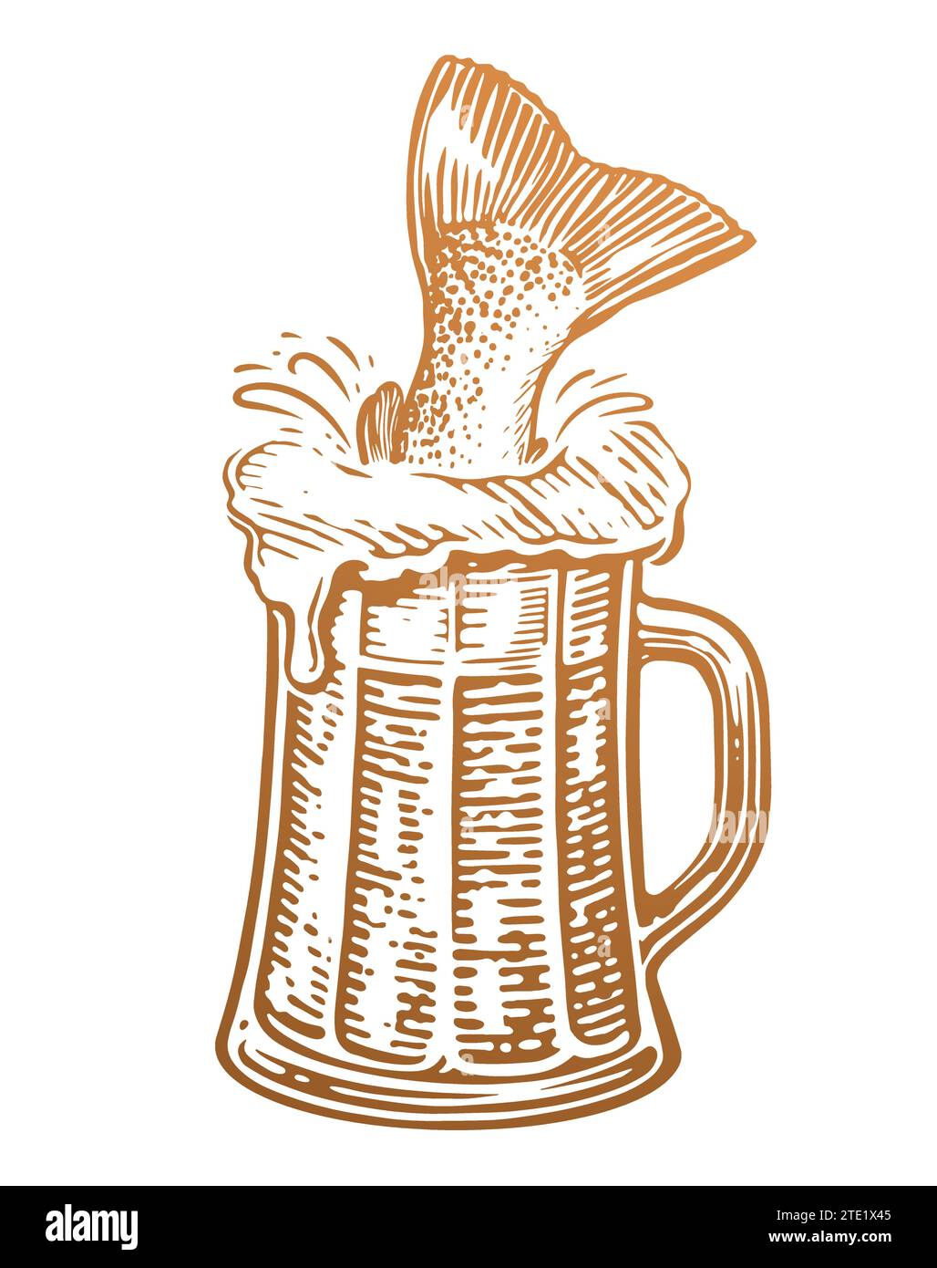 Becher Bier und Fischschwanz. Alkoholisches Getränk, Pub-Vektor-Illustration Stock Vektor