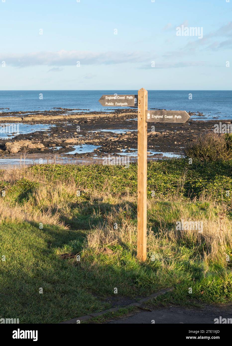 Ein Wegweiser auf dem England Coast Path in Berwick upon Tweed, Northumberland, England, Großbritannien Stockfoto