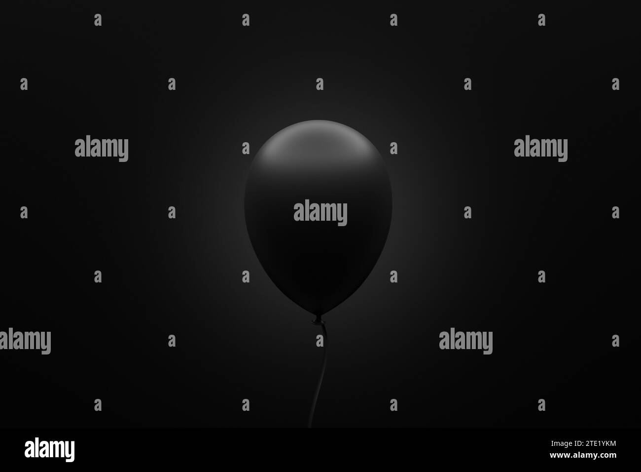 Schwarzer Ballon, der in der Luft schwingt, auf schwarzem Hintergrund mit Kopierraum. 3D-Rendering. Stockfoto