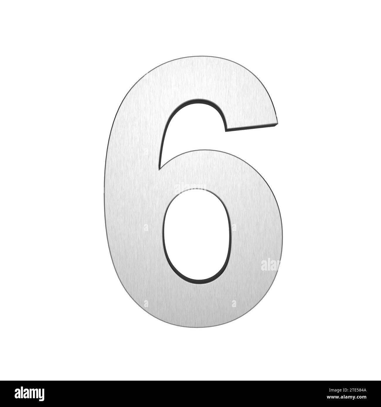 Graues gebürstetes Metall Nummer 6, isoliert auf weißem Hintergrund. 3D-Rendering. Stockfoto