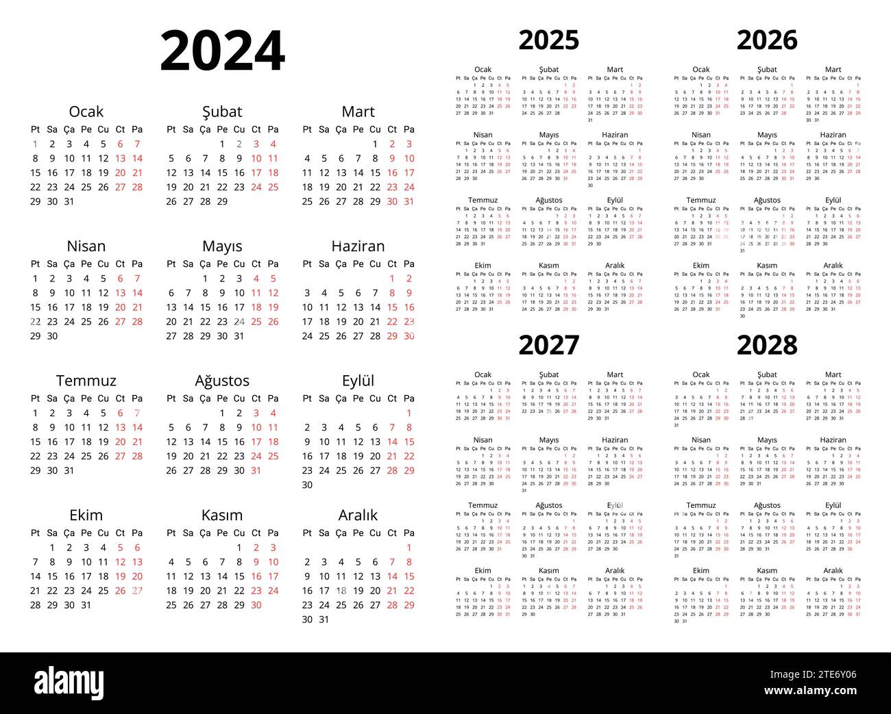 Vertikale türkische Kalender 2025, 2025, 2026, 2027, 2028. Druckbare Vektor-Illustration Set für 