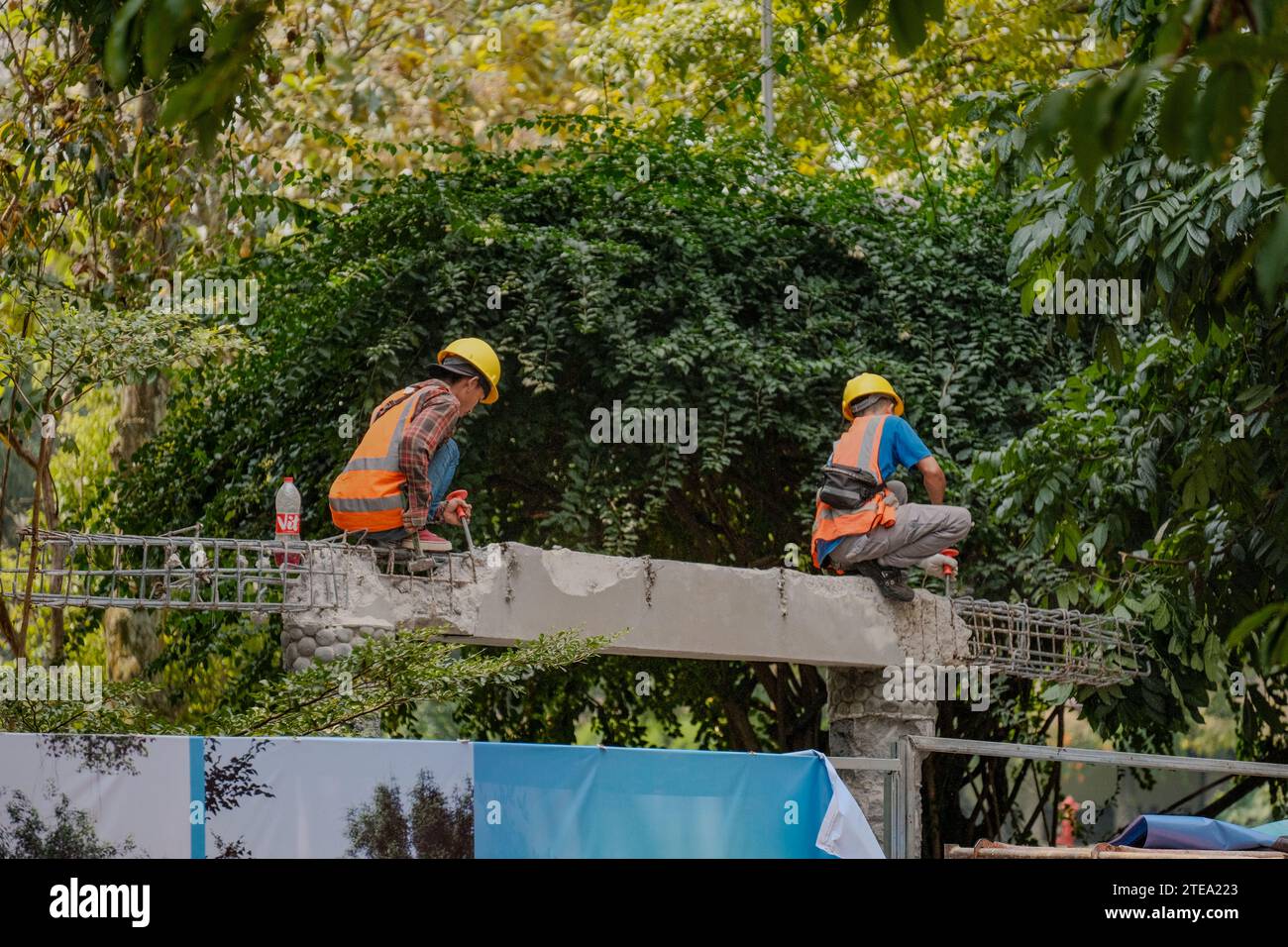 Indonesische Bauarbeiter auf einem Betonhaufen, präzises Hämmern vor einem baumgesäumten Hintergrund, mit einem geschickten Handwerker Stockfoto