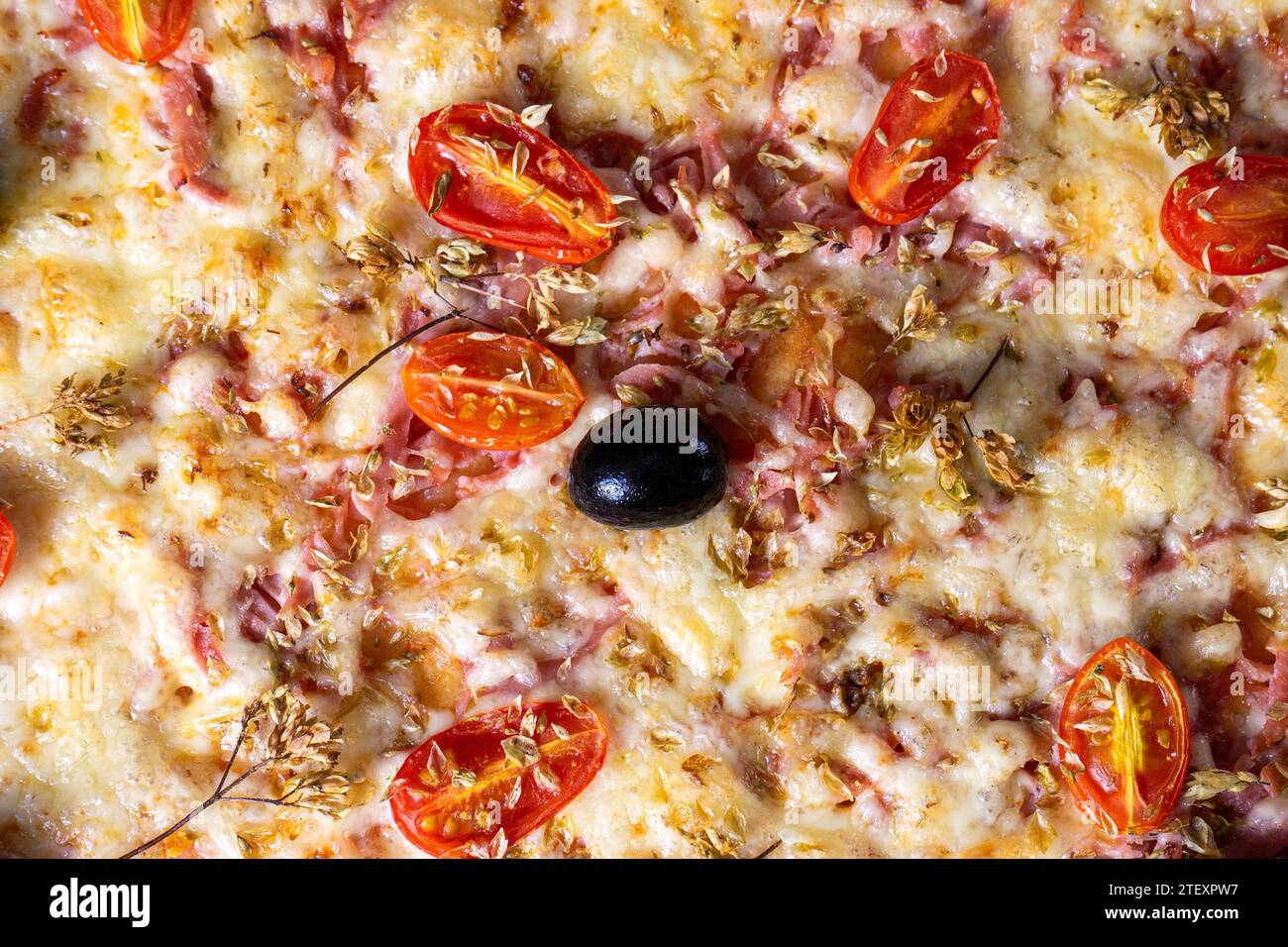 Köstliche Pizza mit Schinken, schwarzen Oliven, Käse, Tomaten und Oregano. Stockfoto