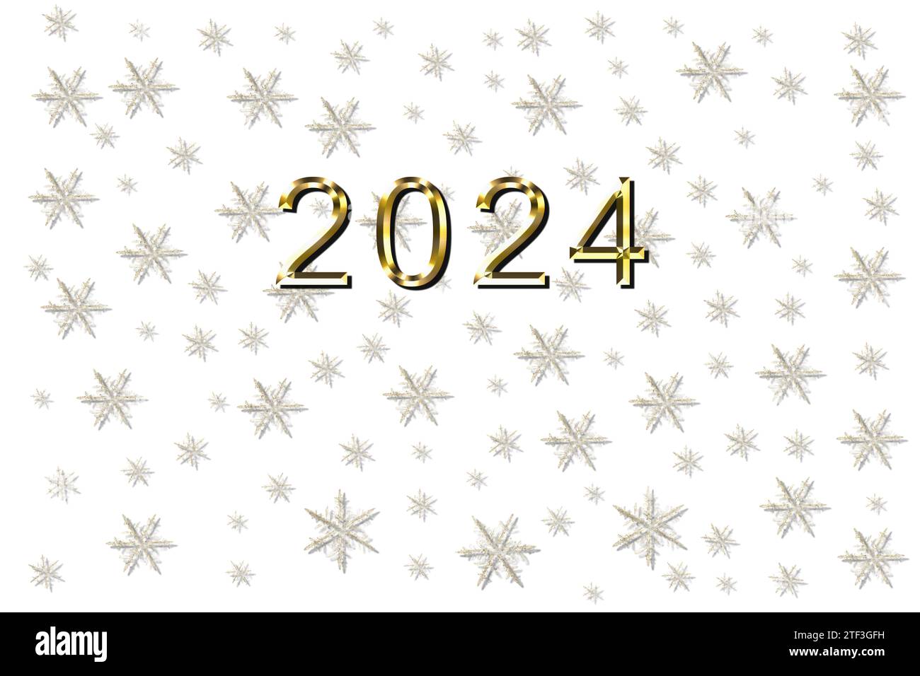 Jahr 2024 goldenes Neujahr, Schneeflocken mit brillanten Aussichten mit goldener Inschrift, eine elektrisierende Illustration von 2024 Stockfoto