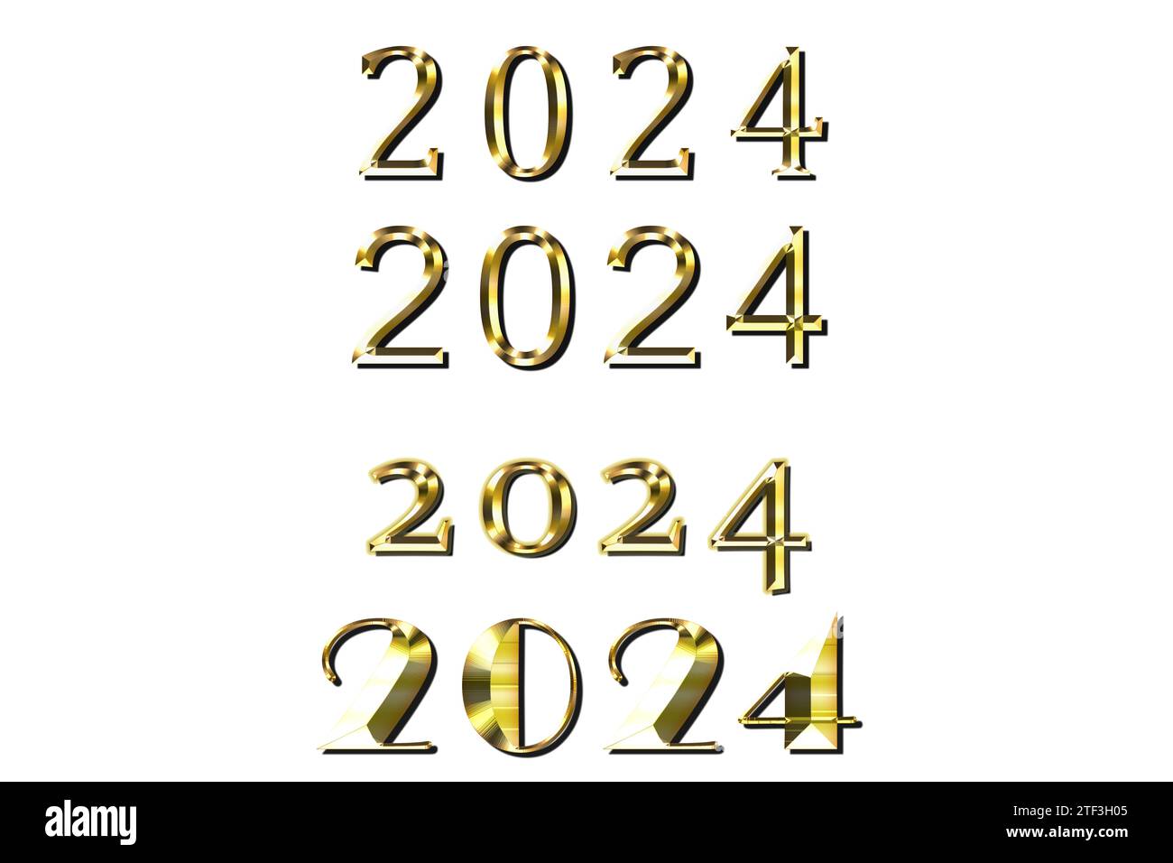 Jahr 2024 goldenes Neujahr, Schneeflocken mit brillanten Aussichten mit goldener Inschrift, eine elektrisierende Illustration von 2024 Stockfoto