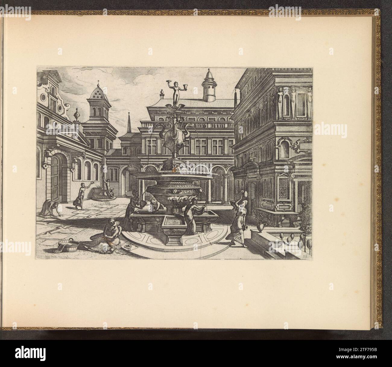 Stadsplein mit einem vasenförmigen Brunnen umgeben von Figuren, Johannes oder Lucas van Doetechum, nach Hans Vredeman de Vries, ca. 1600 Platz mit einem vasenförmigen Brunnen in drei Stockwerken. Die Vase befindet sich in einem kreuzförmigen Becken und wird von einer Kugel gekrönt, aus der Wasser spuckende Vogelköpfe sticken. Gekrönt wird der Brunnen von einem Bild einer Frau mit einer Tazza und einem Trinkbecher in der Hand. Links im Vordergrund ein minnekozend Paar. Frauen in den Hintergrund legen, um zu trocknen. Der Ausdruck ist Teil eines Albums. Antwerpener Papierätzplatz mit einem vasenförmigen Brunnen auf drei Etagen. Die Vase ist in einem cros Stockfoto