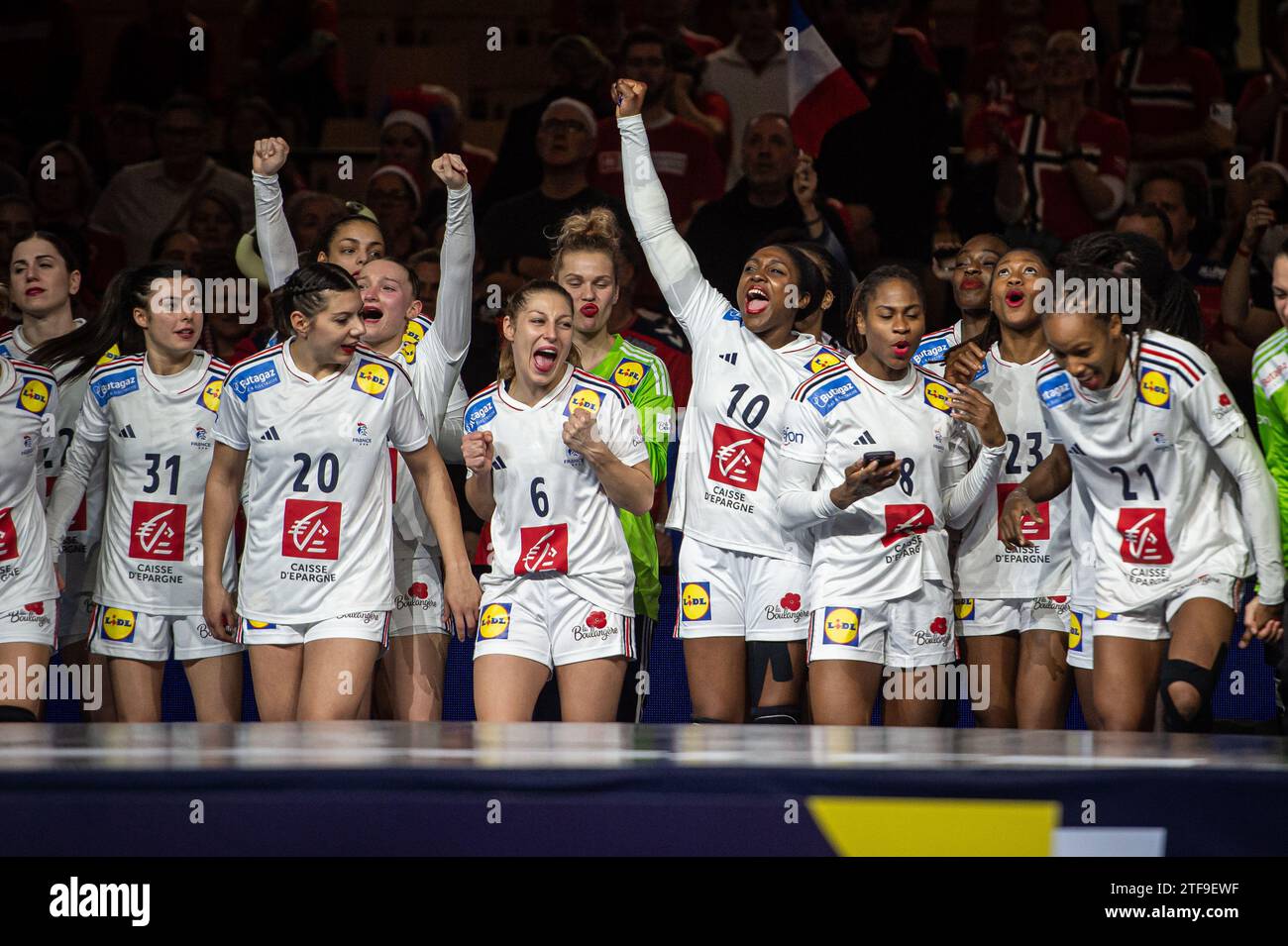 Herning, Dänemark. Dezember 2023. Weltmeister Frankreichs bei der Medaillenzeremonie nach dem Finale der IHF Handball-Weltmeisterschaft 2023 zwischen Frankreich und Norwegen in der Jyske Bank Boxen in Herning. (Foto: Gonzales Foto - Morten Kjær). Stockfoto