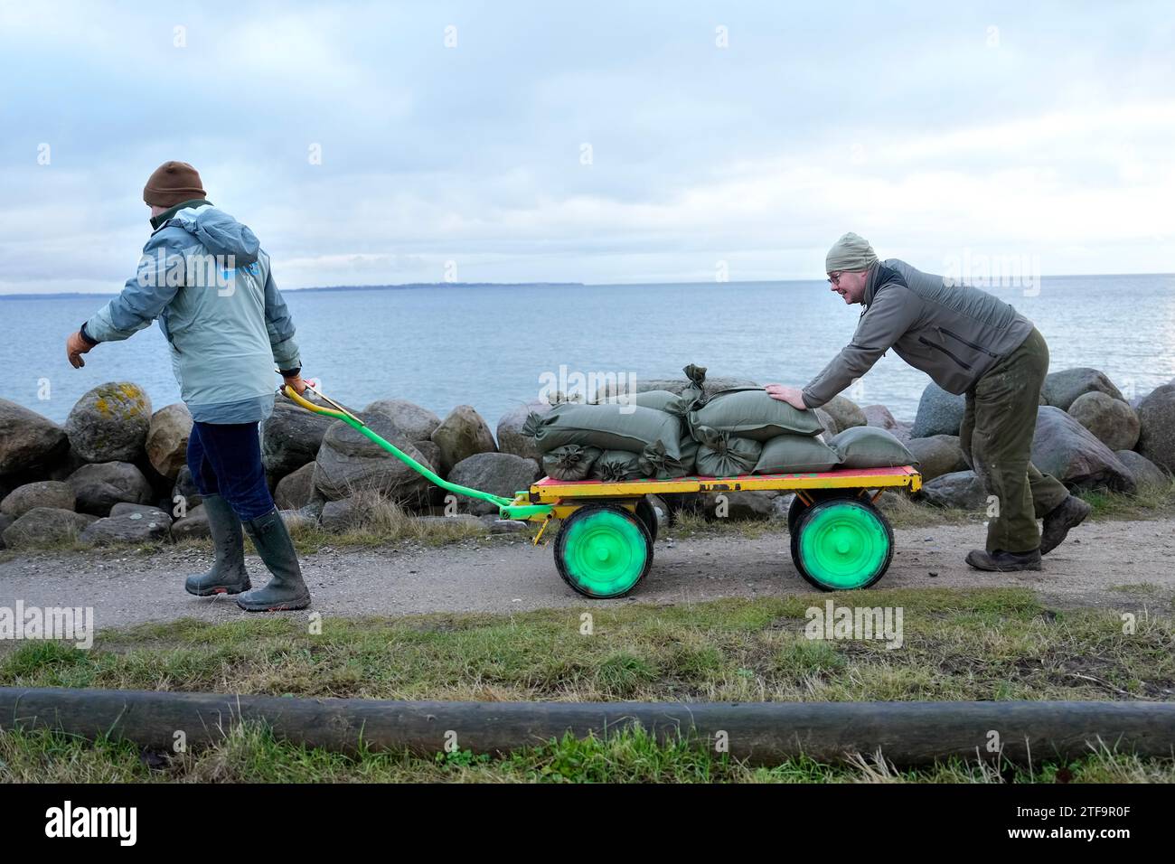 Bürger von Nivaa in Nordseeland helfen, Sandsäcke zu füllen, um den Hafen gegen Sturm Pia zu sichern, Mittwoch, den 20. Dezember 2023. Der Wasserstand im Hafen wird voraussichtlich um 1,5 Meter steigen (Foto: Keld Navntoft Ritzau/Scanpix) Stockfoto