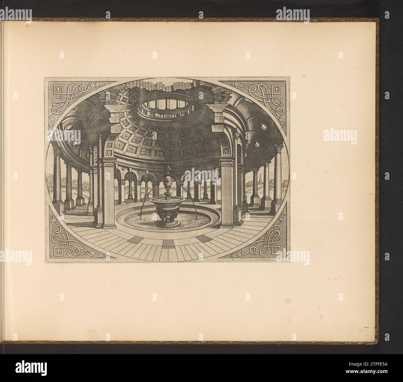 Runder Tempel mit zentralem Bassin und Fontein, Johannes oder Lucas van Doechum, nach Hans Vredeman de Vries, nach 1601 Rundtempel. Die Kuppel hat eine Laterne und eine Kassettendecke. Die innere Haut des Tempels ruht auf einer Arkade, die äußere auf einer Kolonnade. Unter der Kuppel befindet sich ein Brunnen in einem Becken. In den Ecken des Ornaments. Der Ausdruck ist Teil eines Albums. Antwerpener Rundtempel mit Papierätzung. Die Kuppel hat eine Laterne und eine Kassettendecke. Die innere Haut des Tempels ruht auf einer Arkade, die äußere auf einer Kolonnade. Unter der Kuppel befindet sich ein Brunnen in einem Becken. In den Ecken des Ornaments. Der Ausdruck ist Teil o Stockfoto
