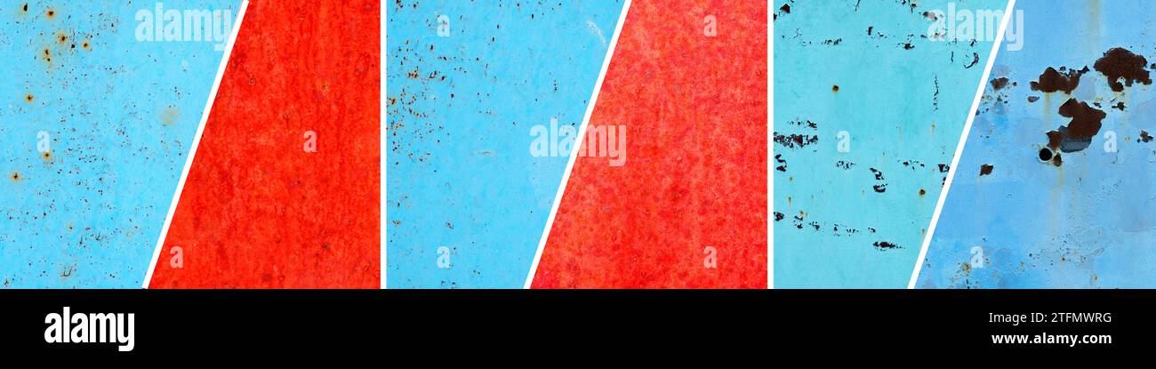 Rote und blaue Metalloberfläche mit Flecken, die einen strukturierten Wandhintergrund erzeugen, Collage Stockfoto