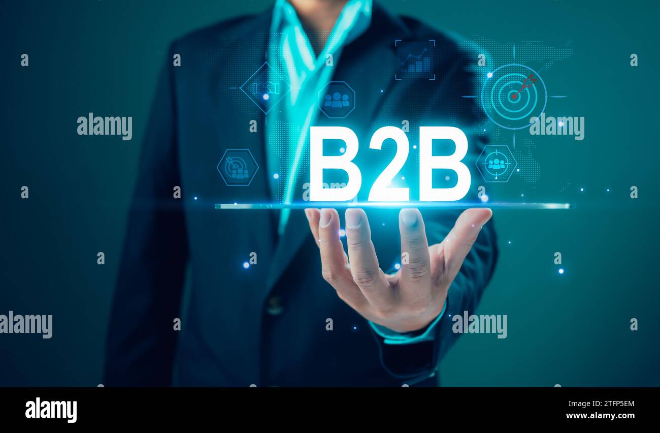 B2B-Marketingkonzept, Business to Business, E-Commerce, professionelle Zusammenarbeit zwischen Unternehmen und Handel, Technologie digitales Marketing, Business Acti Stockfoto