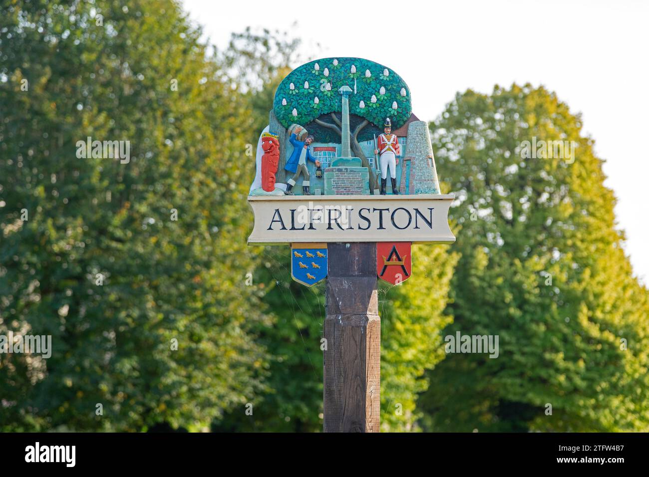 Künstlerisches Stadtzeichen, Alfriston, East Sussex, England, Großbritannien Stockfoto