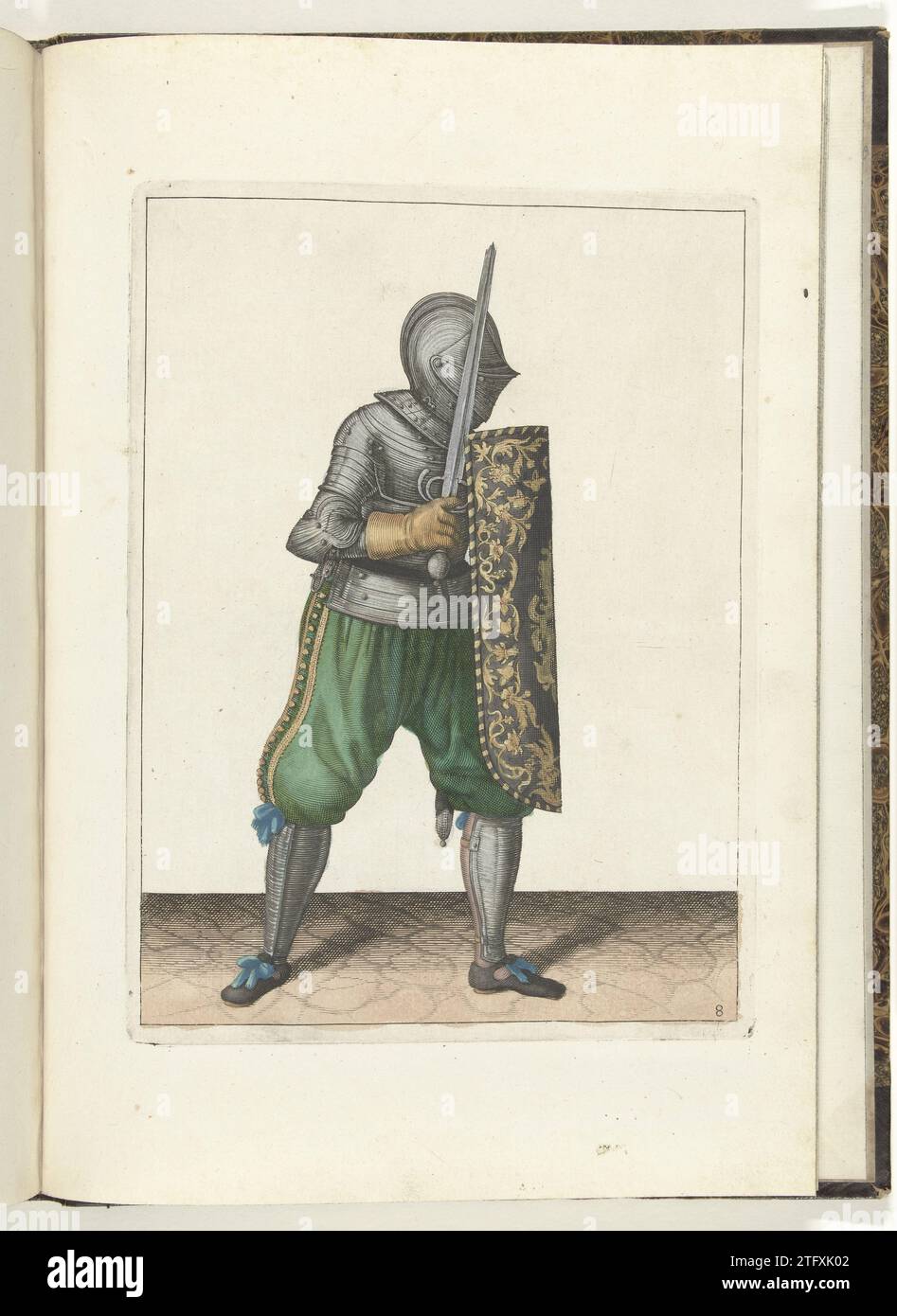 Die Übung mit dem Targe und dem Rapier: Wie sich der Soldat mit dem Targe verteidigen muss, das gegen das linke Knie und die linke Schulter ruht, der gezeichnete Rapier in der Hand (Nr. 8), 1618, 1616 - 1618 die Übung mit dem Targe und dem Rapier: wie sich der Soldat mit dem Targe gegen das linke Knie und die linke Schulter verteidigen muss, der gezogene Rapier in der Hand, 1618. Teil der Illustrationen in: Adam van Breen, Nassauische Waffenhandelung / Kurtzer reports UNND Ahnzeigungh Auff die ab-Bildungh der Figuren / The Rights Brauch Everything Issue / so einem Soldiers von Nöten / in der Handlung der T Stockfoto