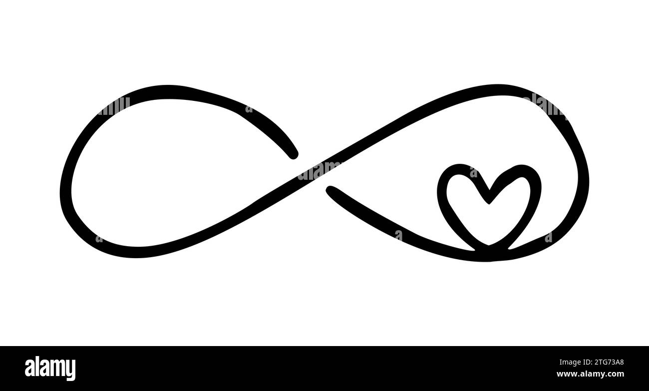 Unendlichkeits-Symbol mit Herzen. Symbol von Hand mit Tintenpinsel gezeichnet. Moderner Doodle mit Umriss. Unendliche Liebe, Hochzeit, Verlobungskonzept. Grafikdesign Ele Stock Vektor