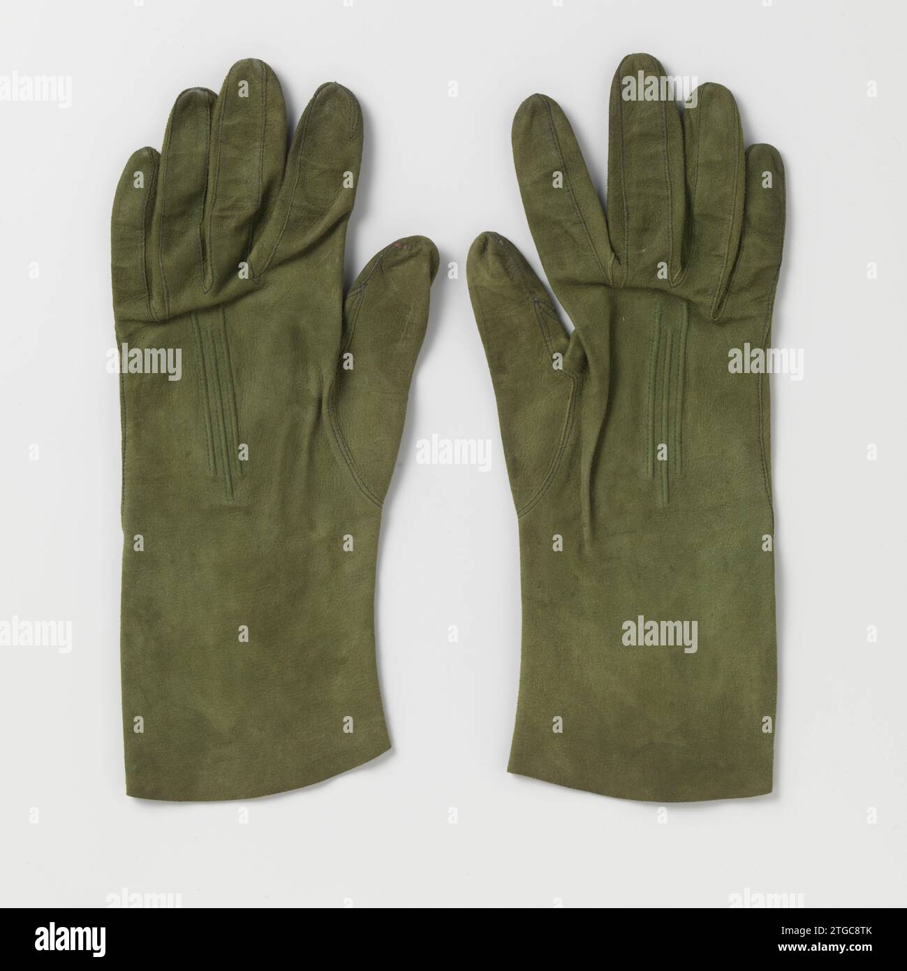 Paar Wildlederhandschuhe mit zurückziehenden Kordeln, anonym, ca. 1900 - ca. 1915 linker Handschuh aus grünem Wildleder, drei gestaffelte Kordeln auf der Rückseite. Niederlande ganz: Linker Wildlederhandschuh aus grünem Wildleder, drei gestaffelte Kordeln auf der Rückseite. Niederlande ganz: Wildleder Stockfoto