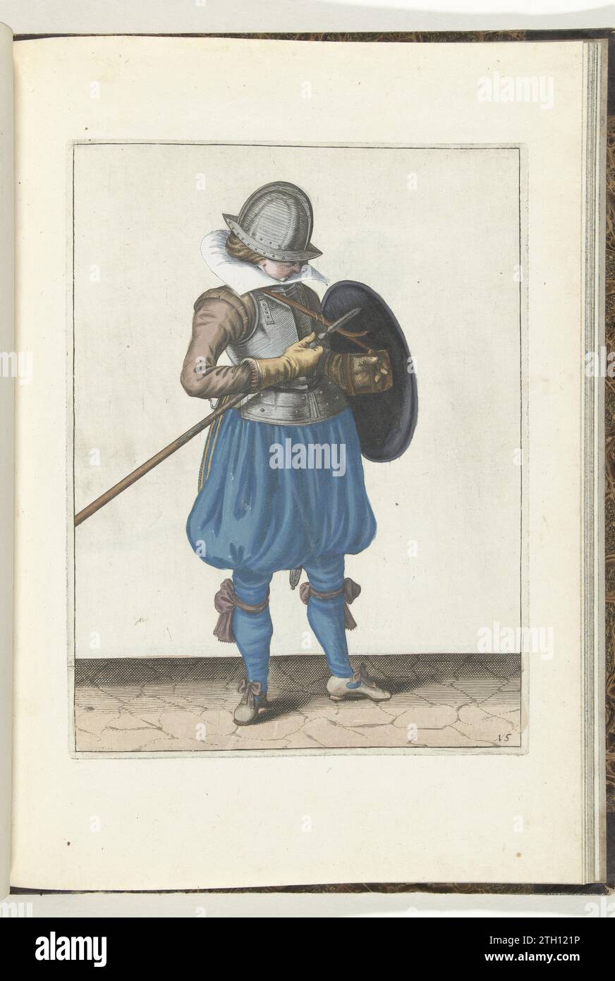 Die Übung mit Schild und Spießen: Der Soldat hält Spieße und Schild nahe am Körper (Nr. 15), 1618, 1616 - 1618 die Übung mit Schild und Spießen: Der Soldat hält Spieße und Schild nahe am Körper, 1618. Teil der Abbildungen in: Adam van Breen, Nassauische Waffenhandelung, 1618, Kennzeichen Nr. 15. Der Krieg war um 1600. Nordholländisches Papier, das die Übung mit Schild und Spießen graviert: Der Soldat hält Spieß und Schild nahe am Körper, 1618. Teil der Abbildungen in: Adam van Breen, Nassauische Waffenhandelung, 1618, Kennzeichen Nr. 15. Der Krieg war um 1600. Nördliches Netz Stockfoto