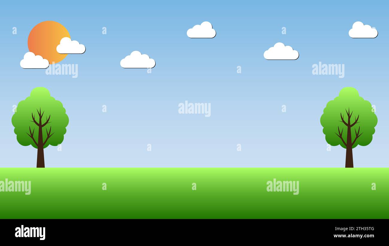Landschaft von Bäumen und Wolken mit Sonnenaufgangsvektorillustration Stock Vektor