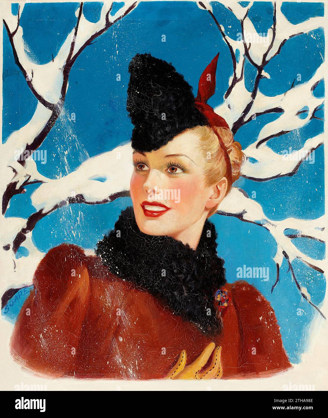 WILLIAM FULTON SOARE (AMERIKANISCH, 1896-1940). Schönes Mädchen im Winter. Öl auf Leinwand. Vintage-Style. Stockfoto