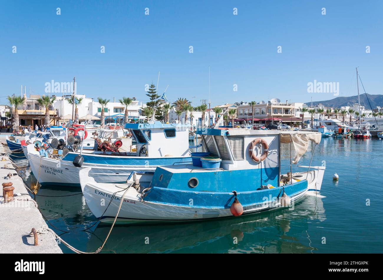 Traditionelle Fischerboote im Hafen, Kardamena, Kos (Cos), die Dodekanes, Süd Ägäis, Griechenland Stockfoto