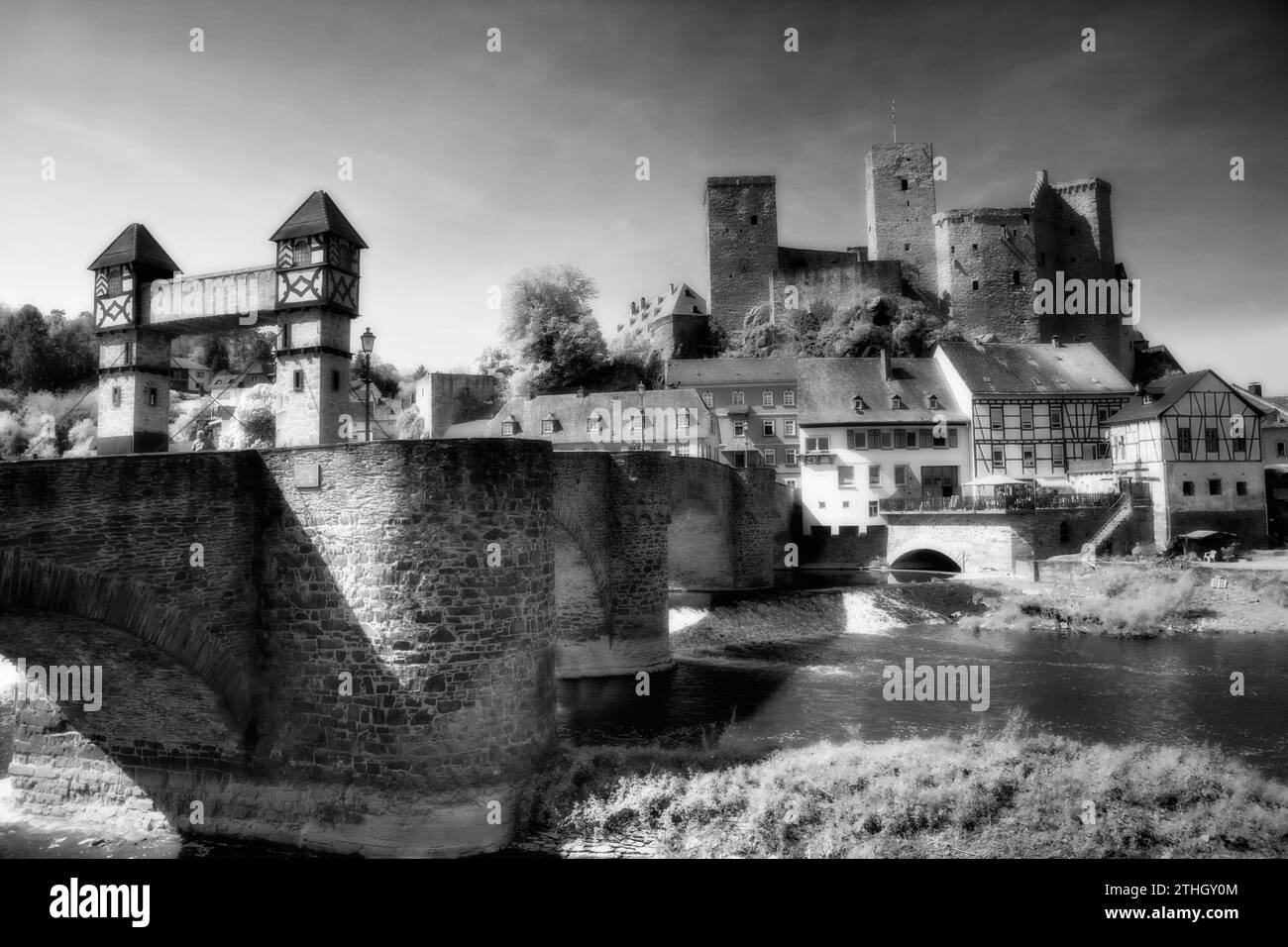 Schloss Runkel, alte Lahnbrücke, Runkel an der Lahn, Hessen, Deutschland, Europa Stockfoto