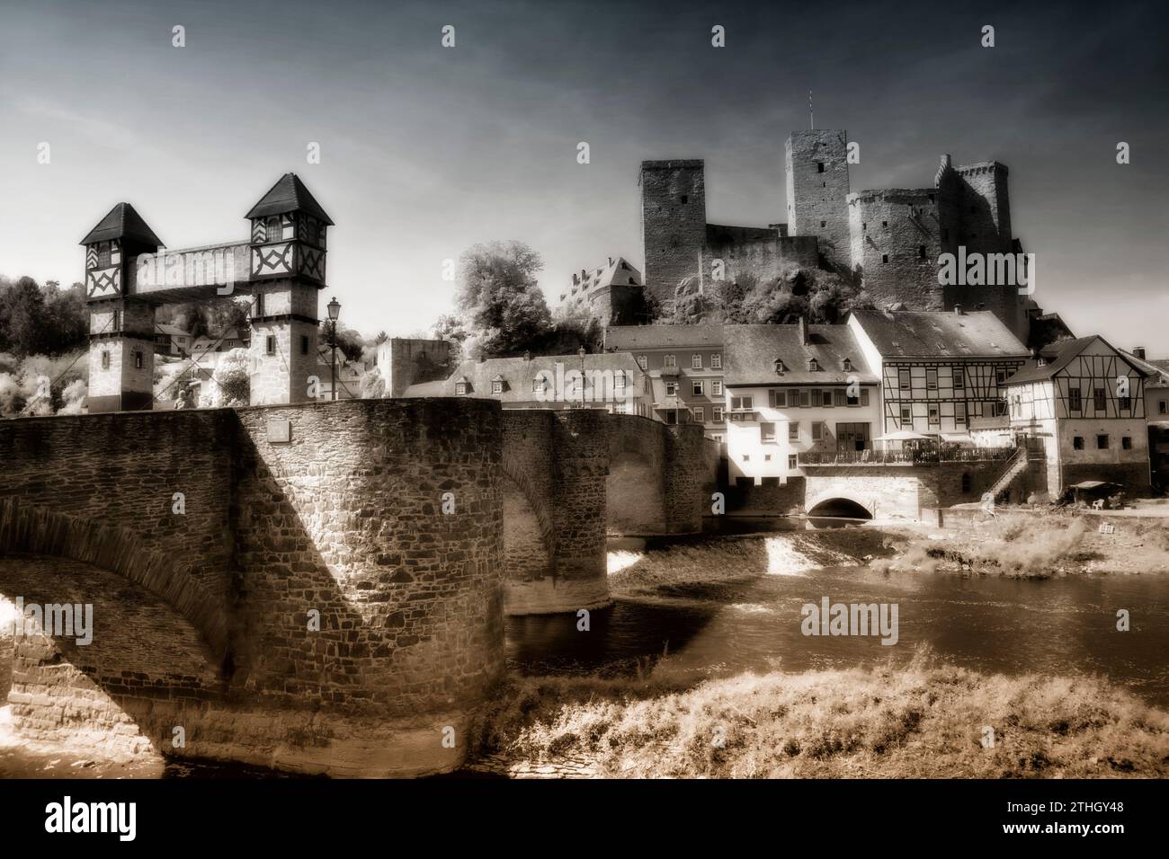 Schloss Runkel, alte Lahnbrücke, Runkel an der Lahn, Hessen, Deutschland, Europa Stockfoto