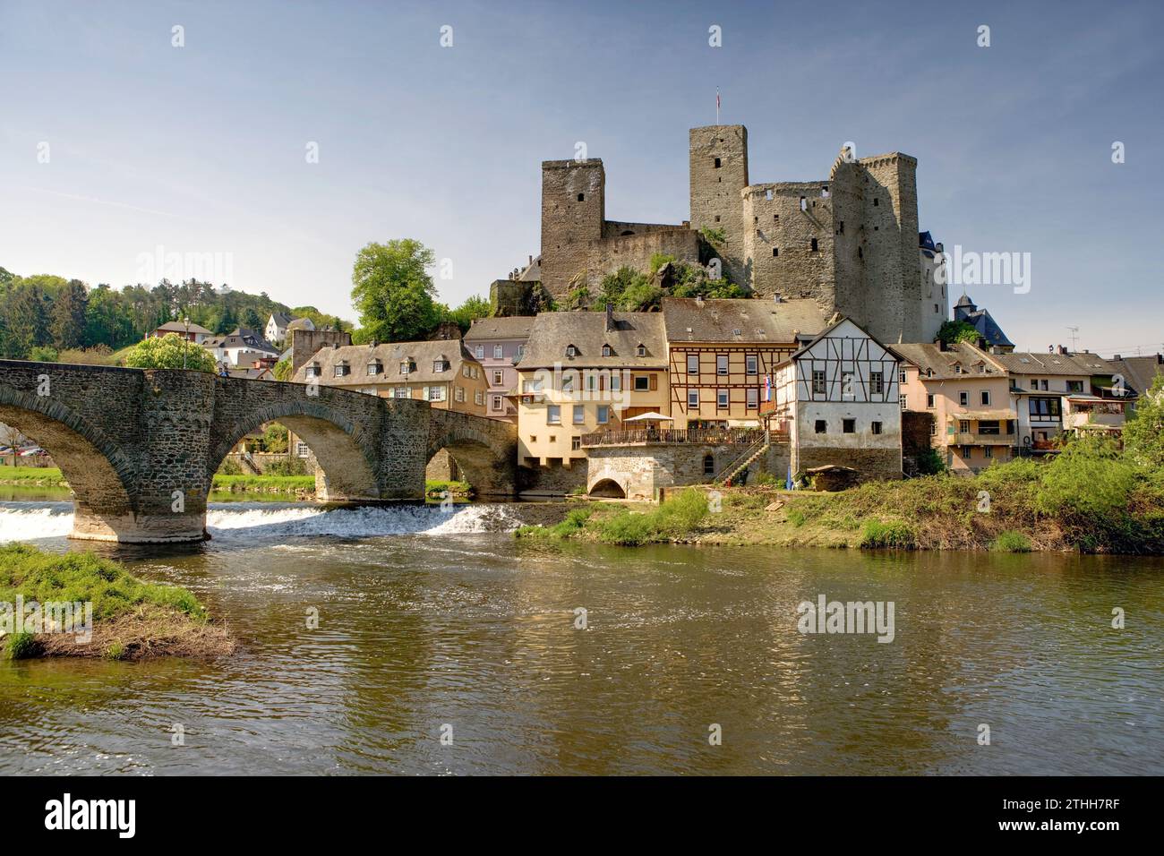 Schloss Runkel, alte Lahnbrücke, Runkel an der Lahn, Hessen, Deutschland, Europa Stockfoto