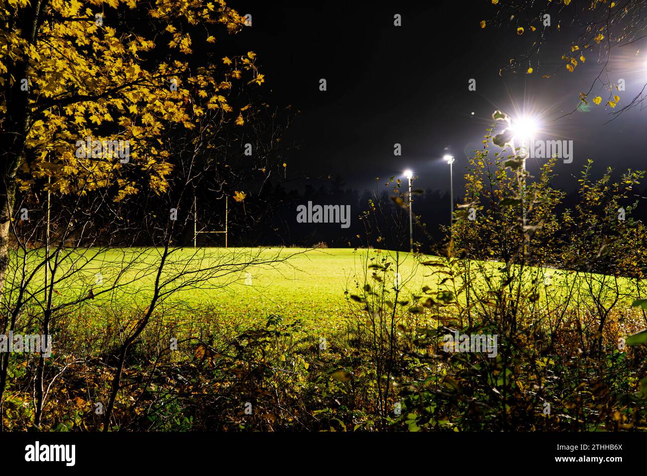 Abendlicher Schuss eines Rugby-Trainingsplatzes Stockfoto