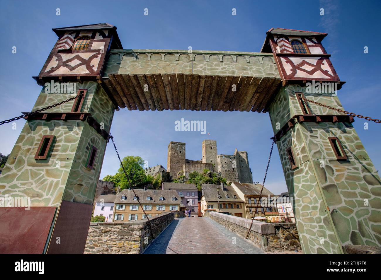 Schloss Runkel, alte Lahnbrücke, Runkel an der Lahn, Hessen, Deutschland, Europa Stockfoto