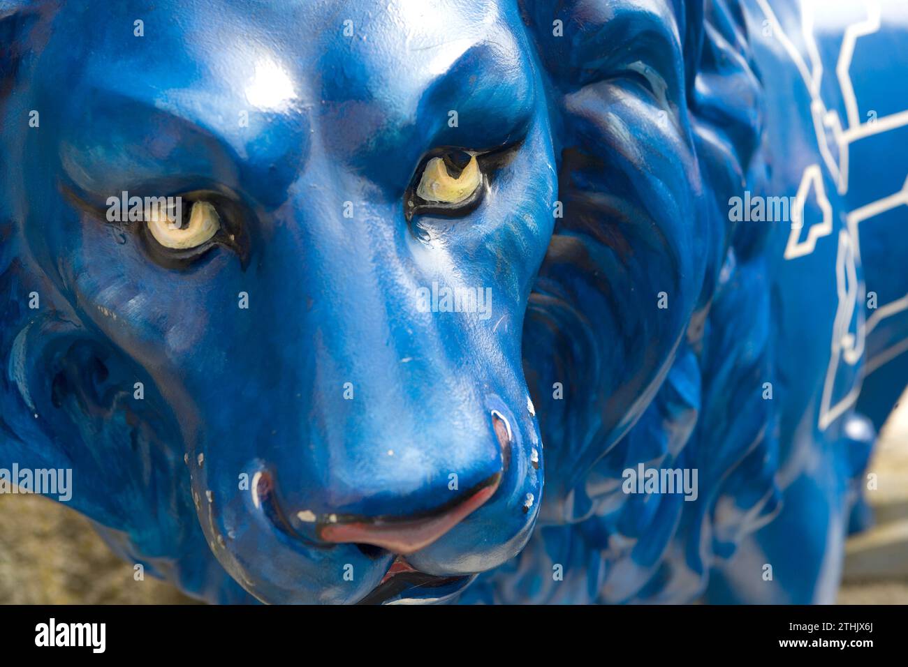 Blaue Löwenfigur, Symbol für den „nassauischen Löwe“, Weilburg an der Lahn, Hessen, Deutschland, Europa Stockfoto