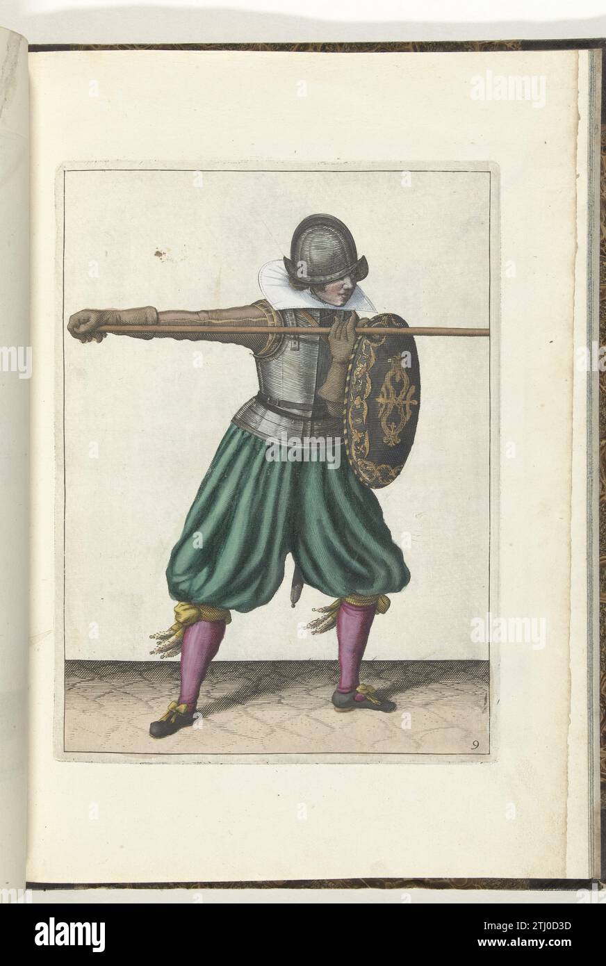 Die Übung mit Schild und Spießen: Der Soldat bringt den Spieß dreimal, dritte Bewegung mit dem Spieß geradeaus (Nr. 9), 1618, 1616 - 1618 die Übung mit Schild und Spießen: Der Soldat bringt den Spieß in Position, dritte Bewegung mit dem Spieß geradeaus, 1618. Teil der Abbildungen in: Adam van Breen, Nassauische Waffenhandelung, 1618, Kennzeichen Nr. 9. Armee um 1600. Nordholländisches Papier, das die Übung mit Schild und Spießen graviert: Der Soldat bringt den Spieß in Position, dritter Satz mit dem Spieß geradeaus, 1618. Teil der Abbildungen in: Stockfoto
