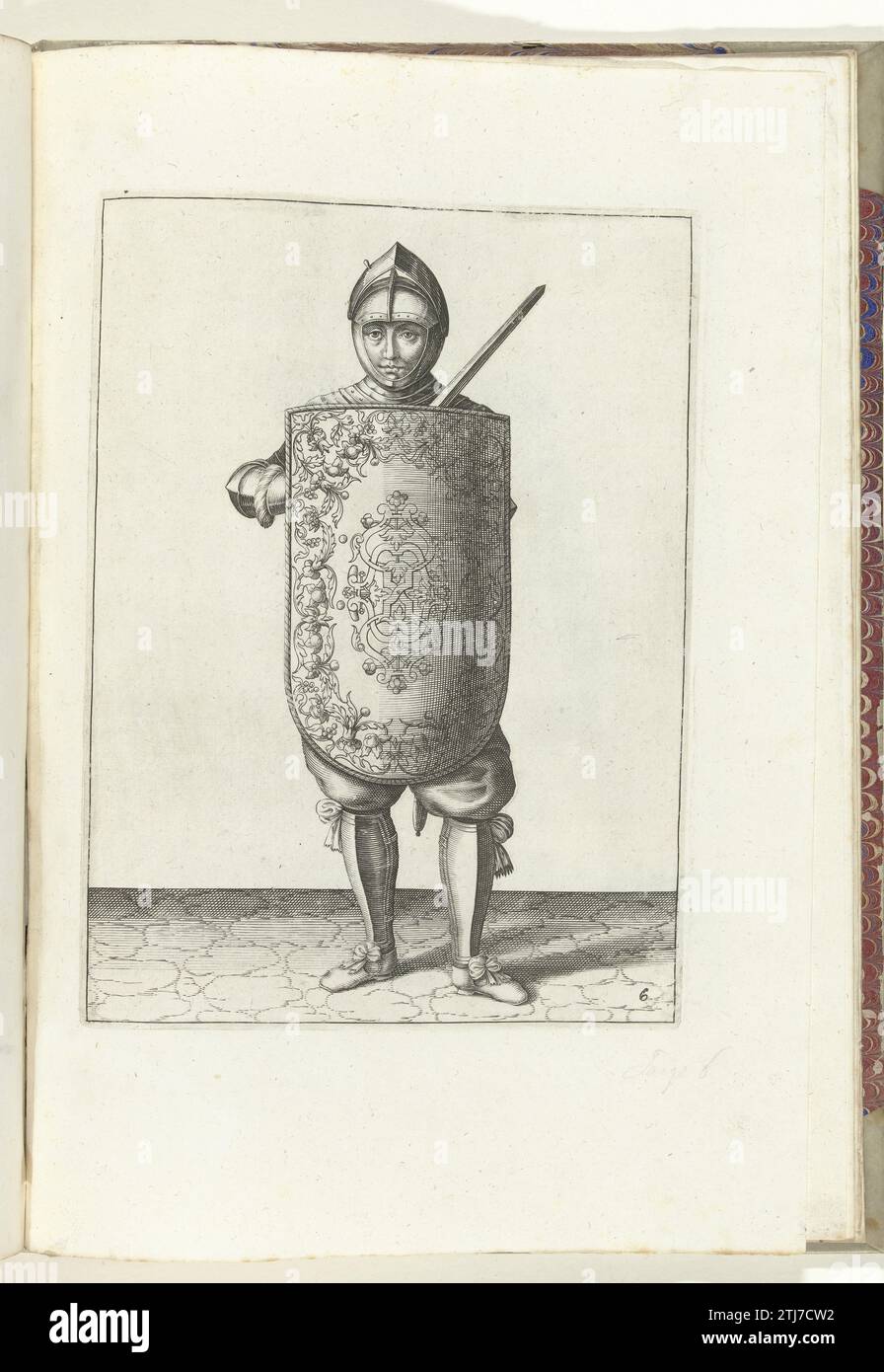 Die Übung mit dem Targe und dem Rapier: Der Soldat hält das Targe vor der Brust und den gezogenen Rapier gegen die linke Schulter (Nr. 6), 1618, 1616 - 1618 die Übung mit dem Targe und dem Rapier: der Soldat hält das Targe vor der Brust und den gezogenen Rapier gegen die linke Schulter, 1618. Teil der Illustrationen in: Adam van Breen, die nassausche Wapen-Handele: Korte Onderwijsinge auf der Figuerlijcke Afbeelderinghe interessant 'frecht Ghebruyck van Al' Tghene A Soldaet Noodigh ist in den Aktionen der Targes mit dem Rapper, 1618, Platte Nr. 6. Der Krieg war um 1600. Nach dem Stockfoto