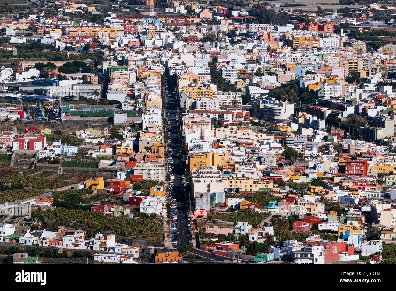 Luftaufnahme. Los Llanos de Aridane ist eine Gemeinde der Provinz Santa Cruz de Tenerife auf den Kanarischen Inseln. Sie befindet sich im Westen der Insel Stockfoto