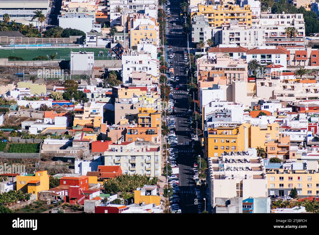Luftaufnahme. Los Llanos de Aridane ist eine Gemeinde der Provinz Santa Cruz de Tenerife auf den Kanarischen Inseln. Sie befindet sich im Westen der Insel Stockfoto
