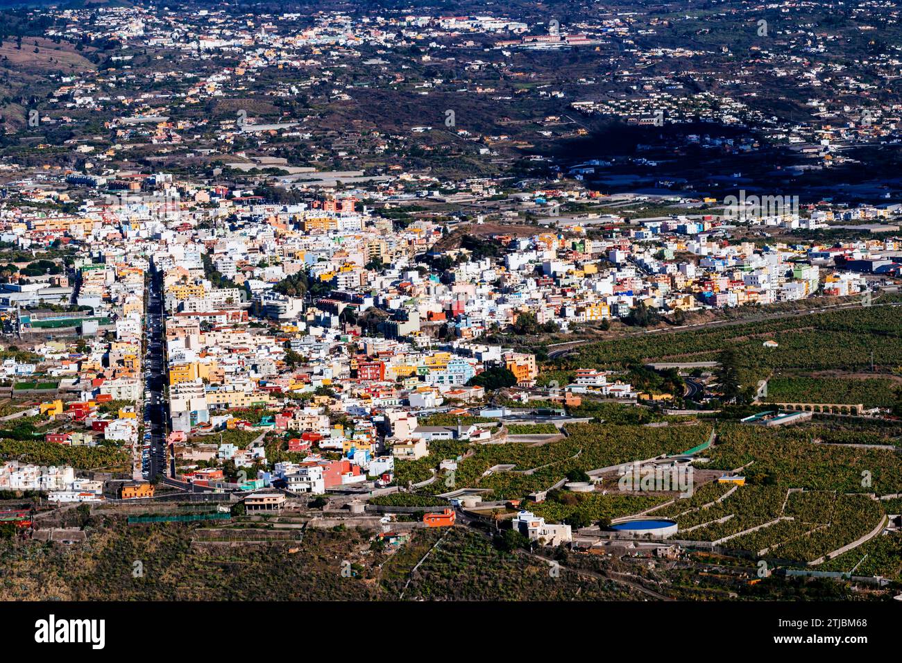 Luftaufnahme. Los Llanos de Aridane ist eine Gemeinde der Provinz Santa Cruz de Tenerife auf den Kanarischen Inseln. Sie befindet sich im Westen der Insel Stockfoto