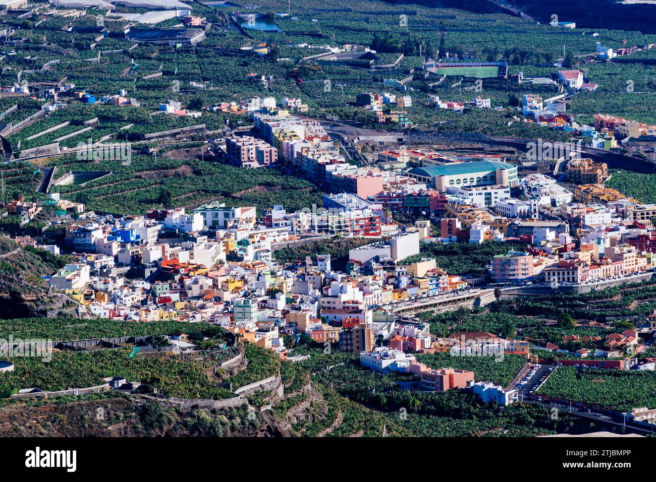 Luftaufnahme. Tazacorte ist eine Gemeinde auf der Insel La Palma, Provinz Teneriffa, Kanarische Inseln. Es liegt in der Nähe der Küste, im Westen Stockfoto