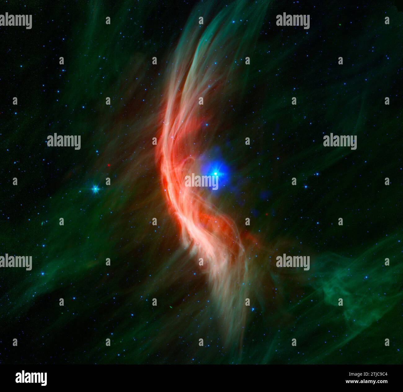 Der Riesenstern Zeta Ophiuchi und die umliegenden Staubwolken in diesem Infrarotbild des Spitzer Space Telescope der NASA. Sternwinde, die von diesem sich schnell bewegenden Stern ausströmen, wackeln sich im Staub, während er sich nähert, und erzeugen einen Bogenschock, der als leuchtende Gossamer-Fäden betrachtet wird, die für diesen Stern nur im Infrarotlicht zu sehen sind. Zeta Ophiuchi ist ein junger, großer und heißer Stern, der etwa 370 Lichtjahre entfernt liegt. Sie schwingt unsere eigene Sonne in vielerlei Hinsicht - sie ist etwa sechsmal heißer, achtmal breiter, 20 mal massereicher und etwa 80.000 mal so hell. Ein optimiertes NASA-Bild / Kredit: NASA Stockfoto