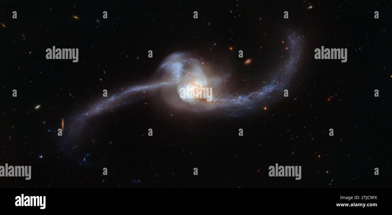 Das Bild des NASA/ESA Hubble Weltraumteleskops zeigt, was passiert, wenn zwei Galaxien zusammenfließen. Der verdrehte kosmische Knoten, der hier zu sehen ist, ist NGC 2623 Ñ oder Arp 243 Ñ und befindet sich etwa 250 Millionen Lichtjahre entfernt im Sternbild Krebs. NGC 2623 erhielt seine ungewöhnliche und unverwechselbare Form durch eine größere Kollision und anschließende Verschmelzung zweier getrennter Galaxien. Diese heftige Begegnung führte dazu, dass Gaswolken innerhalb der beiden Galaxien komprimiert und aufgerührt wurden, was wiederum einen scharfen Anstieg der Sternentstehung auslöste. Eine optimierte Version eines Originalbildes der NASA / Credit: NASA Stockfoto