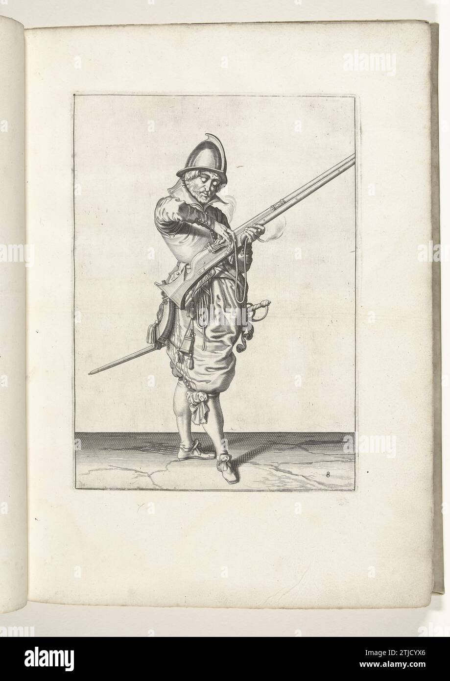 Soldat, der dem Docht auf dem Hahn seines Ruders die richtige Stelle und Form gibt (Nr. 8), ca. 1600, 1597 - 1607 Ein Soldat, nach rechts, der mit der linken Hand (Nr. 8) ein Ruder (eine bestimmte Art von Schusswaffe) hält, ca. 1600. Mit Daumen und Mittelfinger seiner rechten Hand gibt er dem brennenden Docht auf dem Haan (Teil des Zündmechanismus) seines Ruders die richtige Stelle und Form. Platte 8 in der Anleitung zum Umgang mit dem Ruder: Corte Onderwysinghe auf dem Figuerliicke-Bild, interessiert t'rechte Ghebruyck des Roers. Teil der Illustrationen in: J. de Gheyn, Weapons Handele of Roers Mus Stockfoto