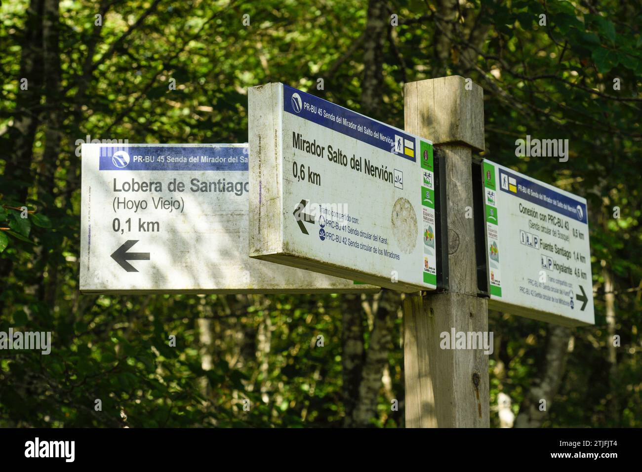 Pfosten mit Hinweisschildern auf dem Santiago-Berg Stockfoto