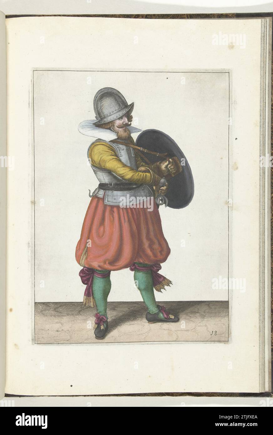 Die Übung mit Schild und Spießen: Der Soldat zieht seinen Greifer hinter seinem Schild (Nr. 18), 1618, 1616 – 1618 die Übung mit Schild und Spießen: Der Soldat zieht seinen Greifer hinter seinem Schild, 1618. Teil der Abbildungen in: Adam van Breen, Nassauische Waffenhandelung, 1618, Kennzeichen Nr. 18. Der Krieg war um 1600. Nordholländisches Papier, das die Übung mit Schild und Spießen graviert: Der Soldat zieht seinen Greifer hinter seinem Schild, 1618. Teil der Abbildungen in: Adam van Breen, Nassauische Waffenhandelung, 1618, Kennzeichen Nr. 18. Der Krieg war um 1600. Nördliche Niederlande Stockfoto