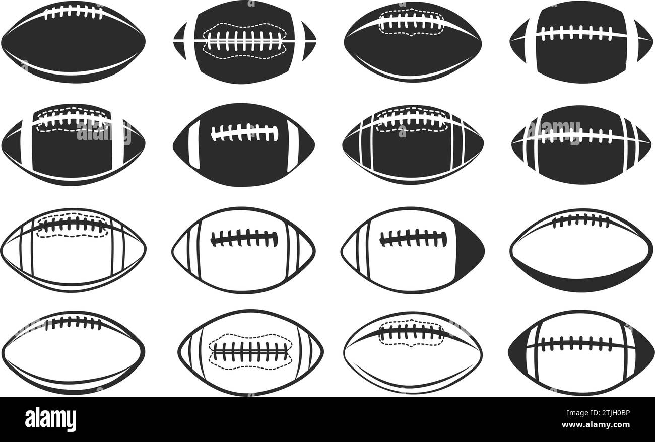 American Football Silhouette, Rugby Ball Silhouette, Fußball Silhouette, Sportball Silhouette. Stock Vektor