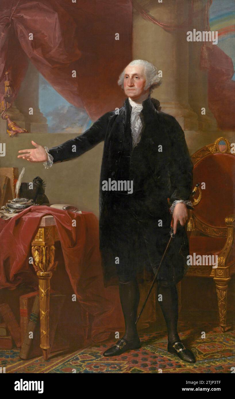 George Washington von Gilbert Stuart. 1796. Washington war eine vereinheitlichende Kraft während der Gründungsjahre der USA. Er kämpfte im Französisch- und Indianerkrieg und diente später als Oberbefehlshaber der Kontinentalarmee im Unabhängigkeitskrieg. Nachdem er 1789 einstimmig zum ersten Präsidenten der Vereinigten Staaten gewählt wurde, setzte er den Obersten Gerichtshof und das Kabinett ein, besiegte die Whiskey Rebellion und besiegte die Western Lakes Confederacy im Nordwest-Indianerkrieg. Eine optimierte Version einer Fotografie eines Ölgemäldes in der US National Portrait Gallery, Smithsonian Institution Stockfoto